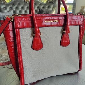 Michael Kors SATCHEL Shoulder Bag Purse Logo Leather Red-Beige-Gold